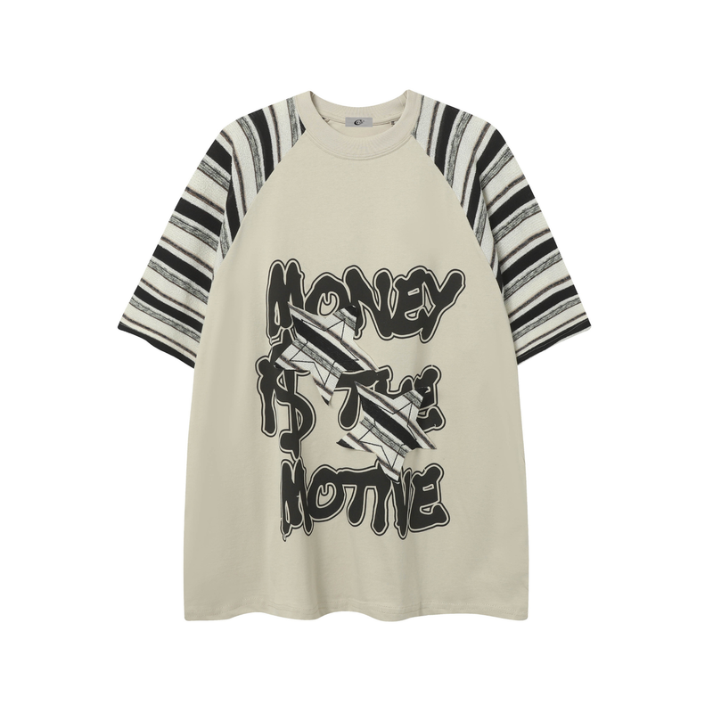 Beige patchwork graphic T-shirt with striped raglan sleeves and bold Money Is The Motive print on the front