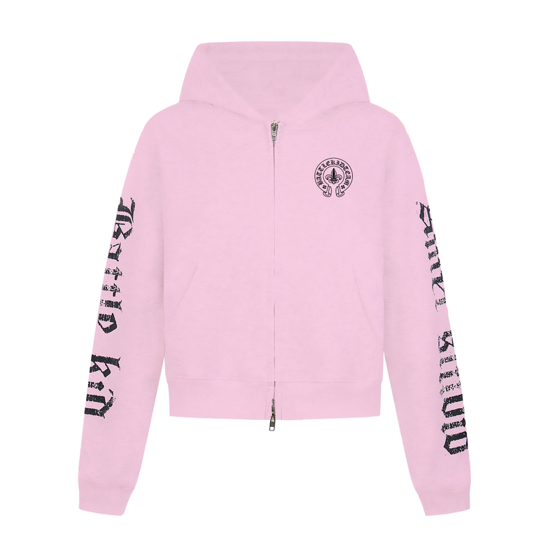 Front view of pink zip-up hoodie with black crest graphic and gothic sleeve lettering