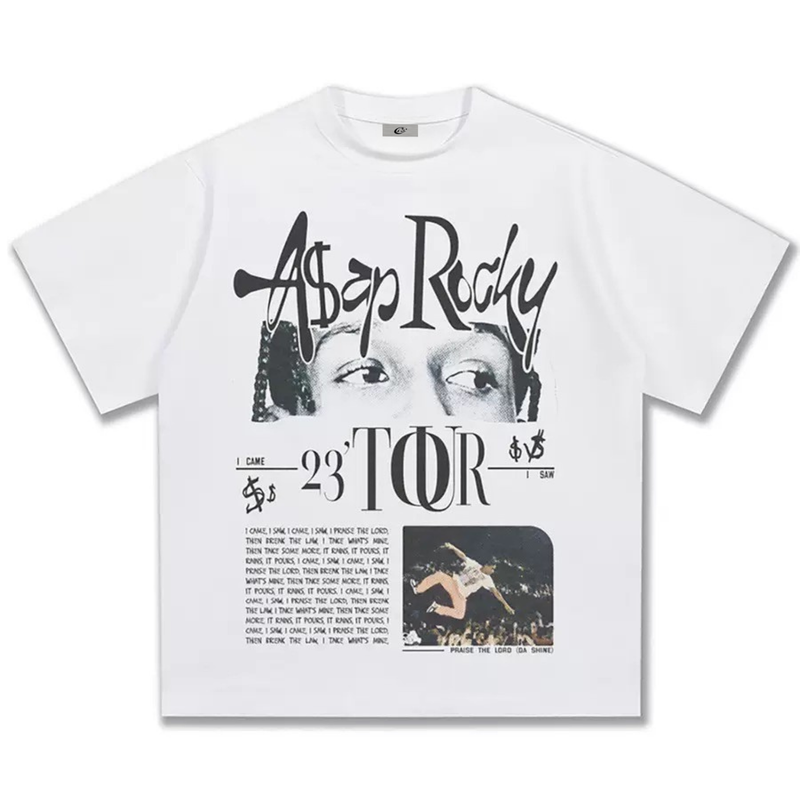 White A$AP Rocky 23 tour graphic tee with bold black text, portrait print, and vintage streetwear design
