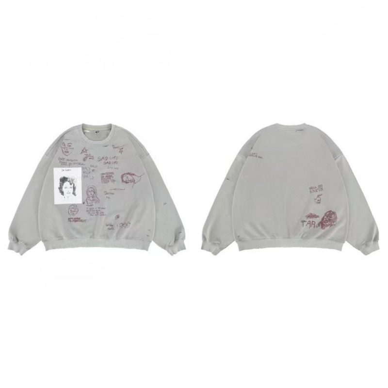 Light gray oversized sweatshirt shown front and back with handwritten sad-life graphics