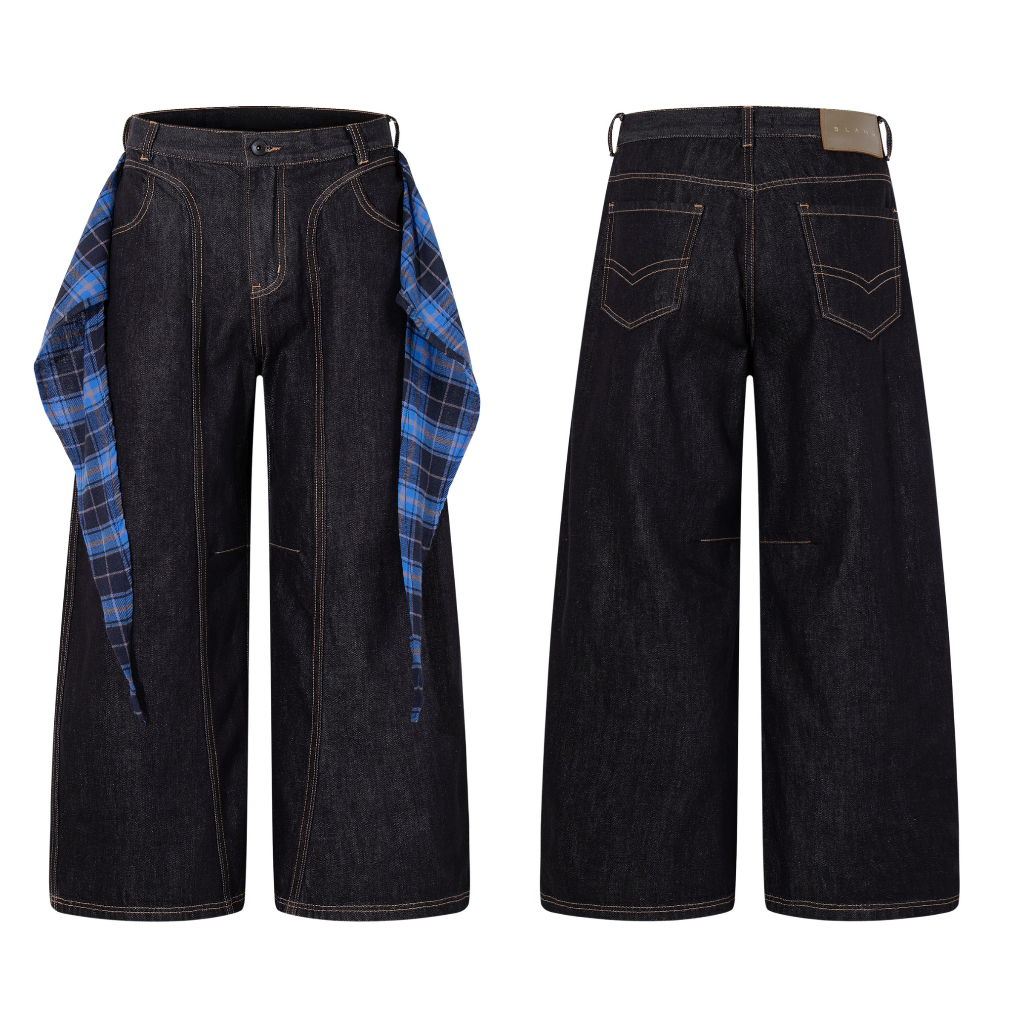 Omirad Plaid-Panel Wide-Leg Jeans | Dark Wash Denim