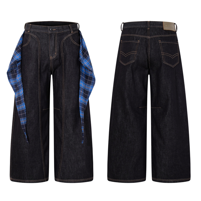 Dark wash wide-leg jeans front and back views with blue plaid side panels
