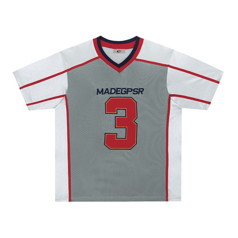 Oversized mesh football jersey tee with red and navy trim, varsity number 3, and white sleeves on a gray front panel