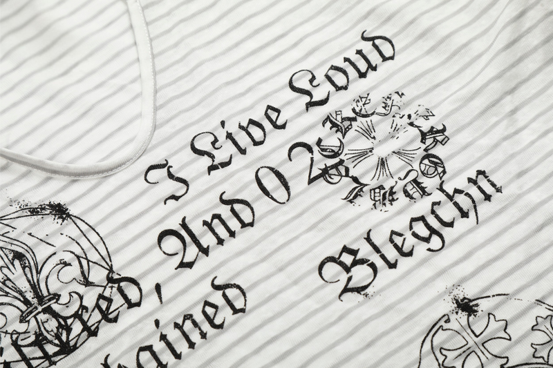 Close-up of white striped tee front print with gothic text and crest graphic