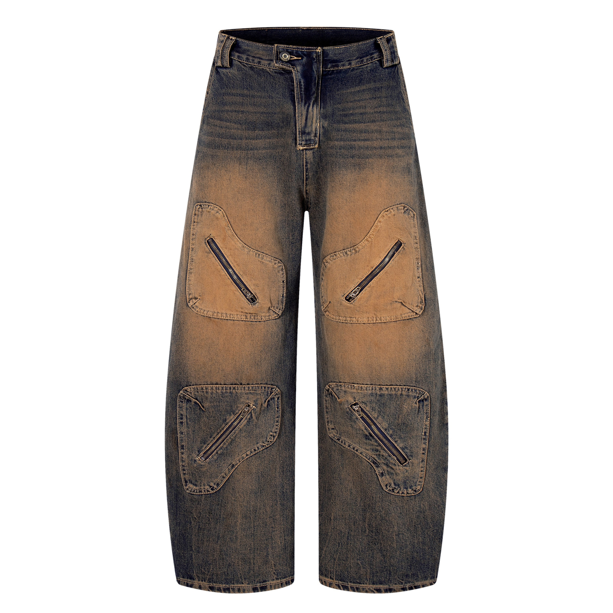 Sand-Fade Utility Wide-Leg Jeans with Zip Pockets