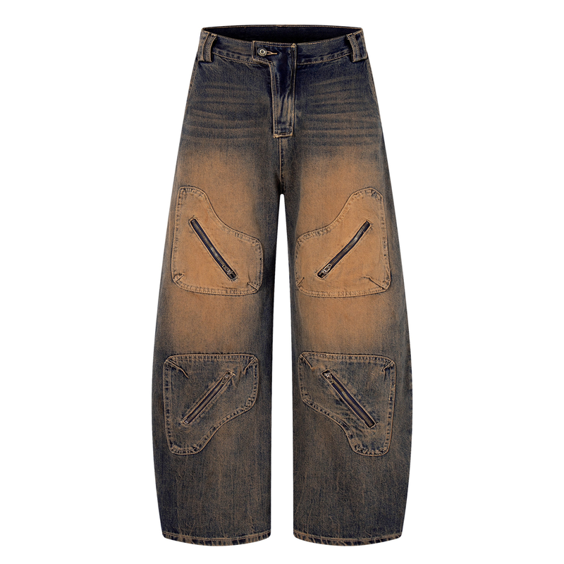 Front view of sand-fade wide-leg jeans with utility zip pockets and contrasting dark wash