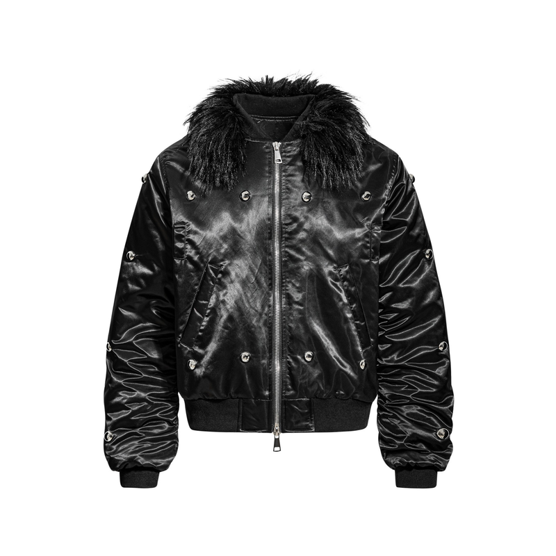 Omirad Glossy Bomber Jacket with Detachable Faux Fur Collar