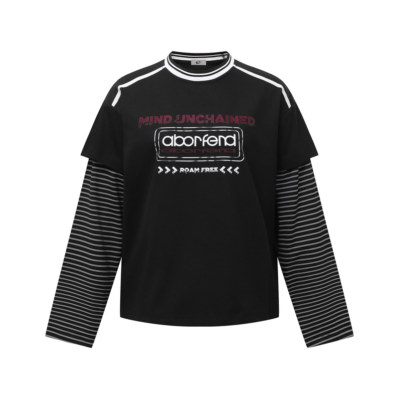 Black layered long-sleeve graphic tee with white trim and striped under sleeves, front view