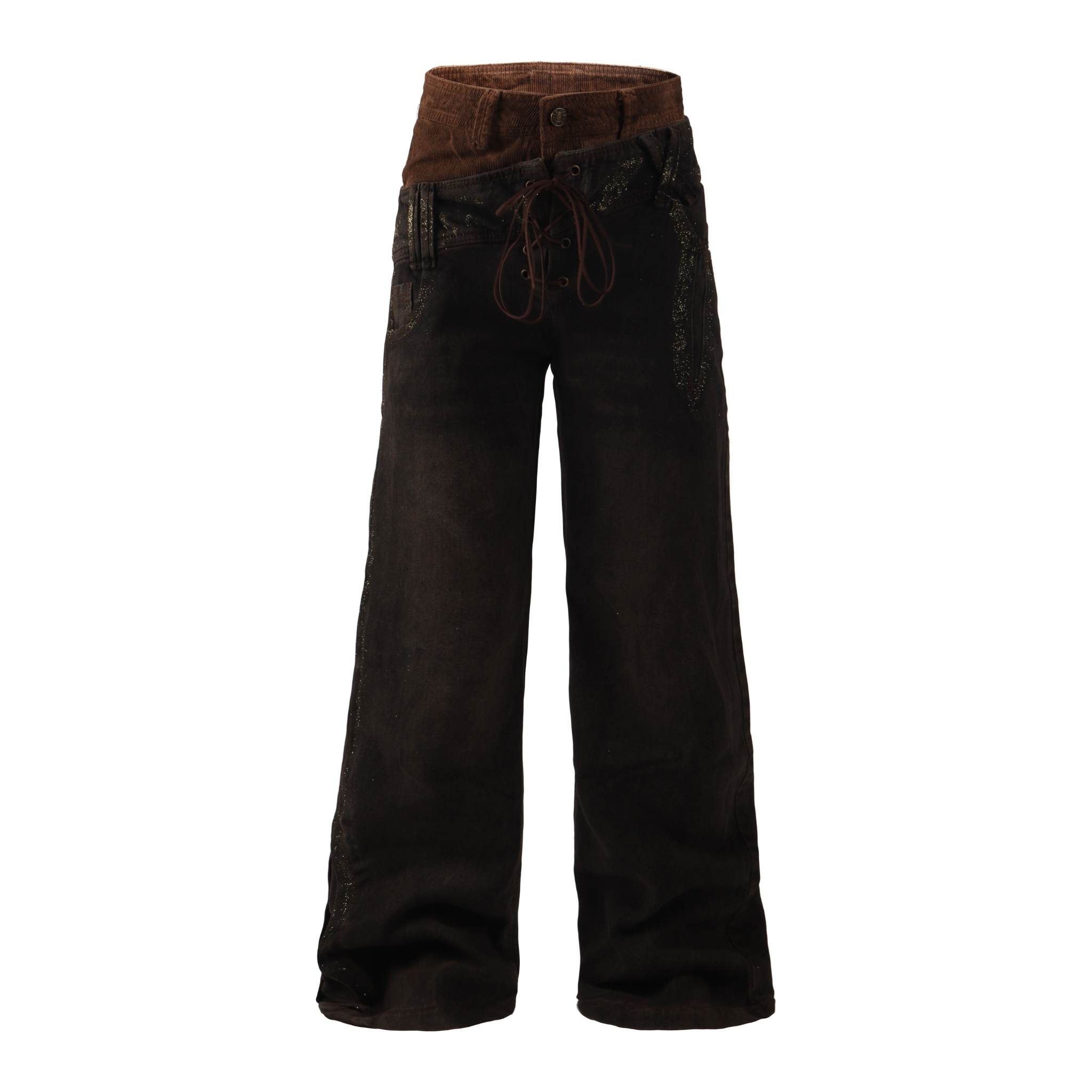 Dark brown dual-waist lace-up wide-leg jeans with contrast corduroy waistband and glitter pocket detailing