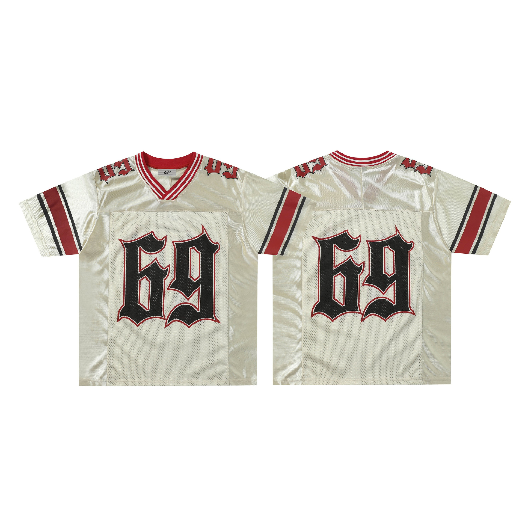 Front and back view of cream retro football jersey with gothic 69 print, red ribbed V-neck collar and striped sleeves