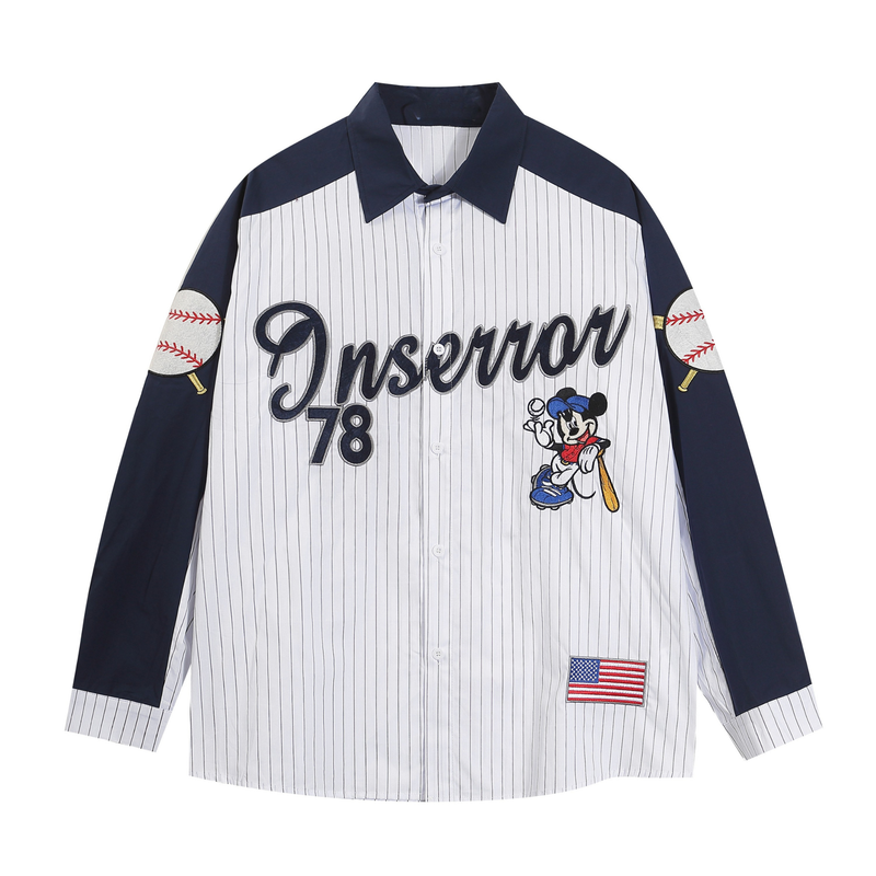 Front view of a navy and white pinstripe baseball shirt with Inserror 78 graphic and Mickey patch