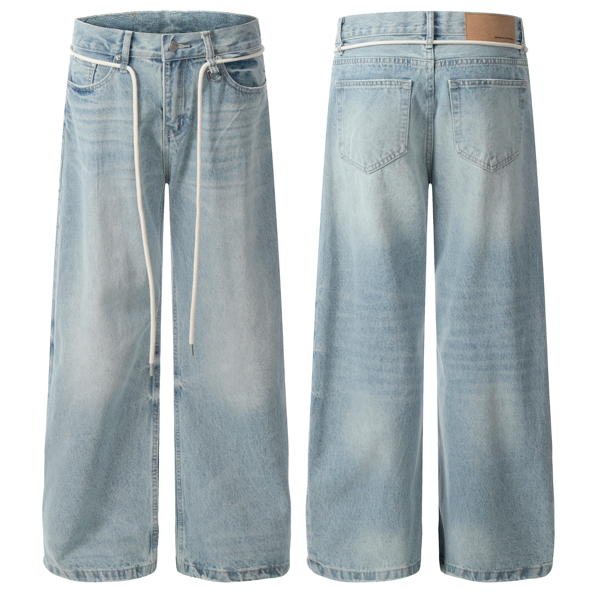 Front and back view of light-wash wide-leg jeans with an integrated white rope belt and classic 5-pocket design