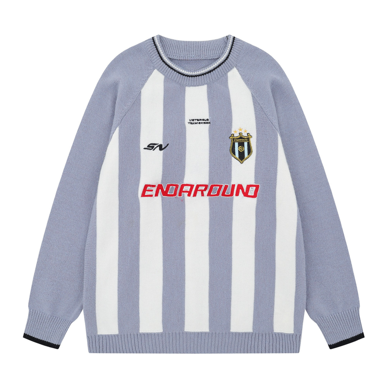 Light blue striped knit sweater with crest and red ENDAROUND logo, front view
