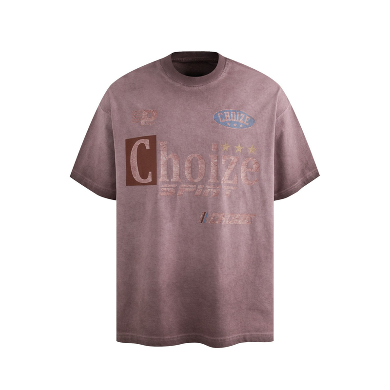 Vintage wash mauve racing graphic tee with faded Choize print and retro motorsport lettering