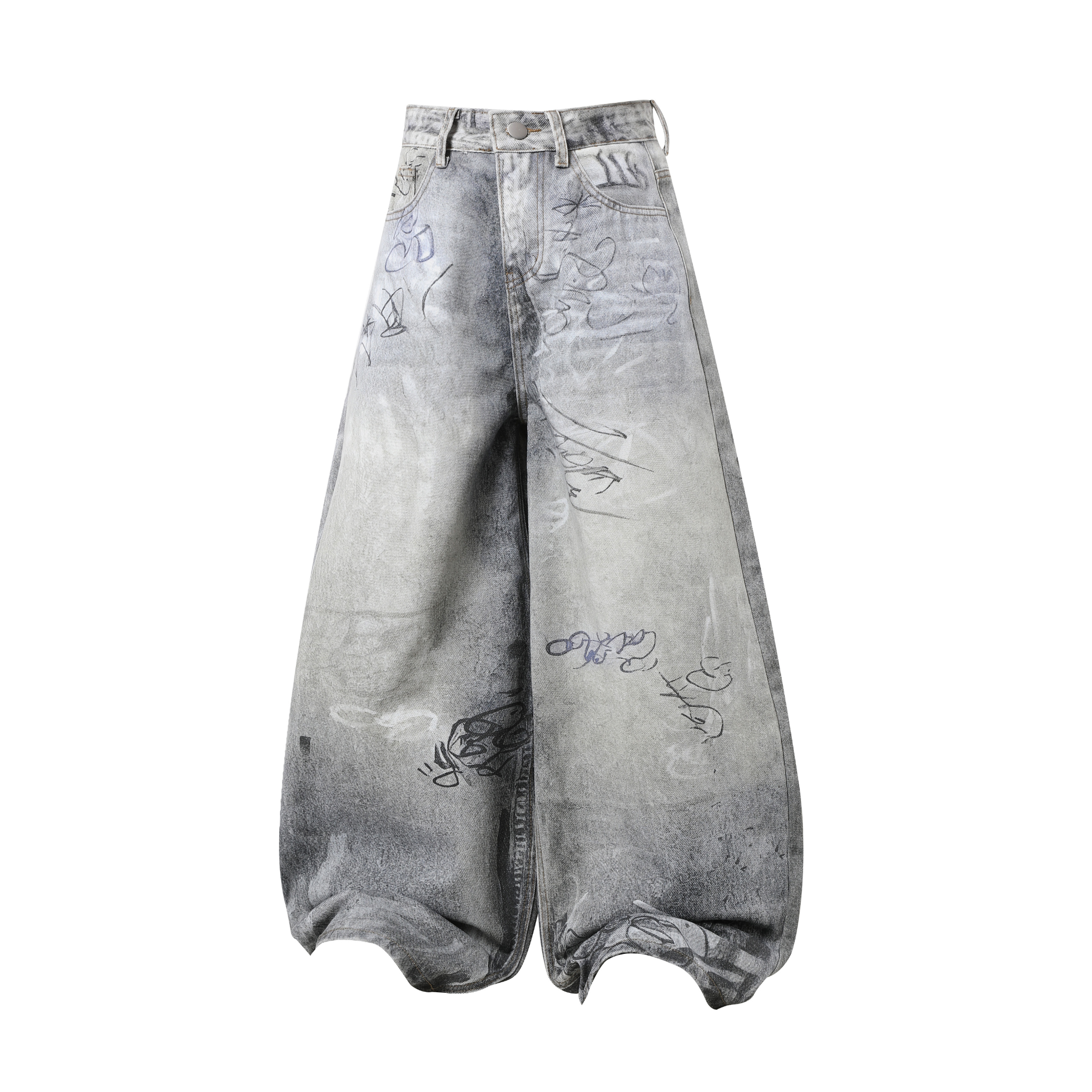 Graffiti Washed Curved Wide-Leg Denim Pants | Oversized Fit