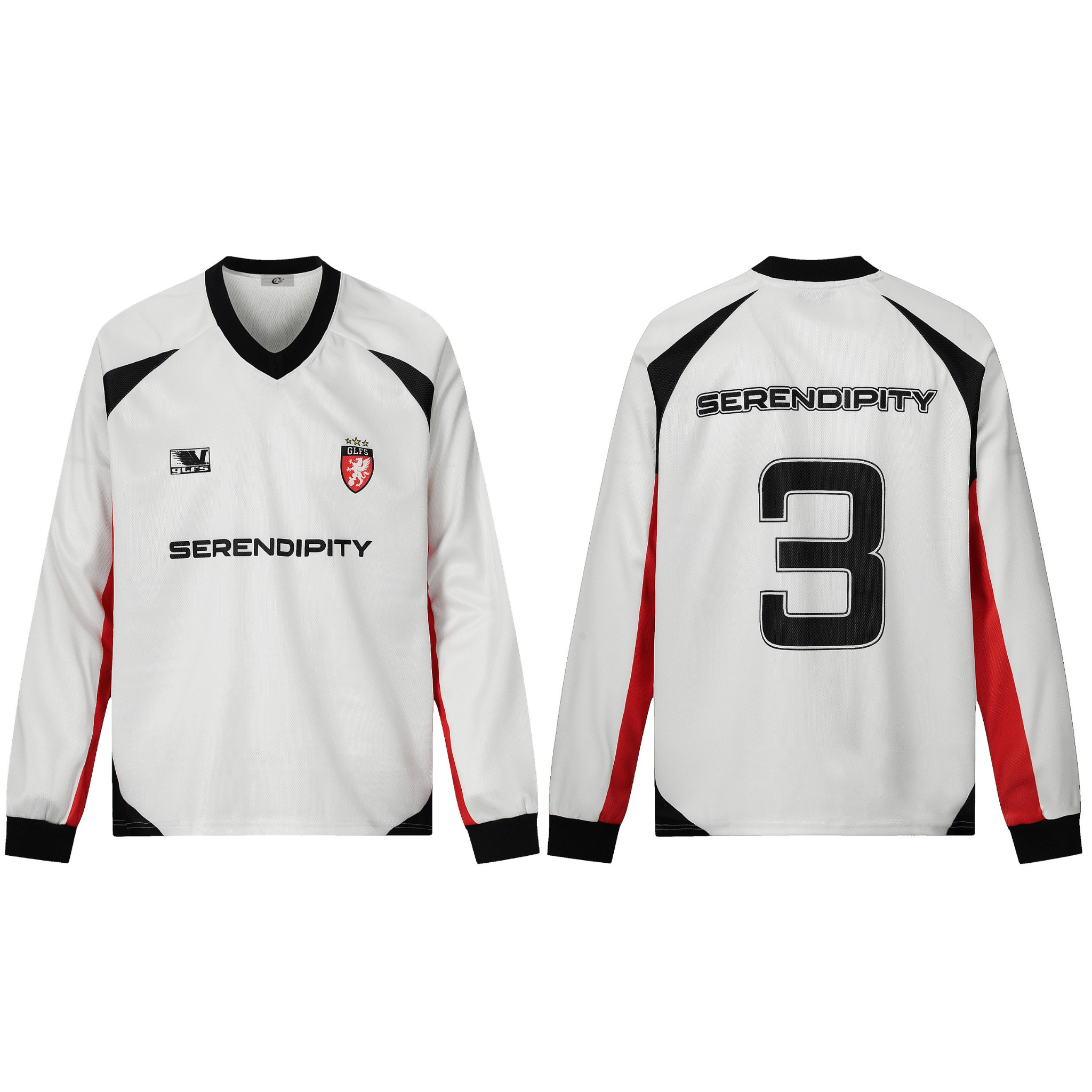 White long-sleeve Serendipity football jersey with black contrast panels, red side stripes, GLFS crest badge, and number 3 ba