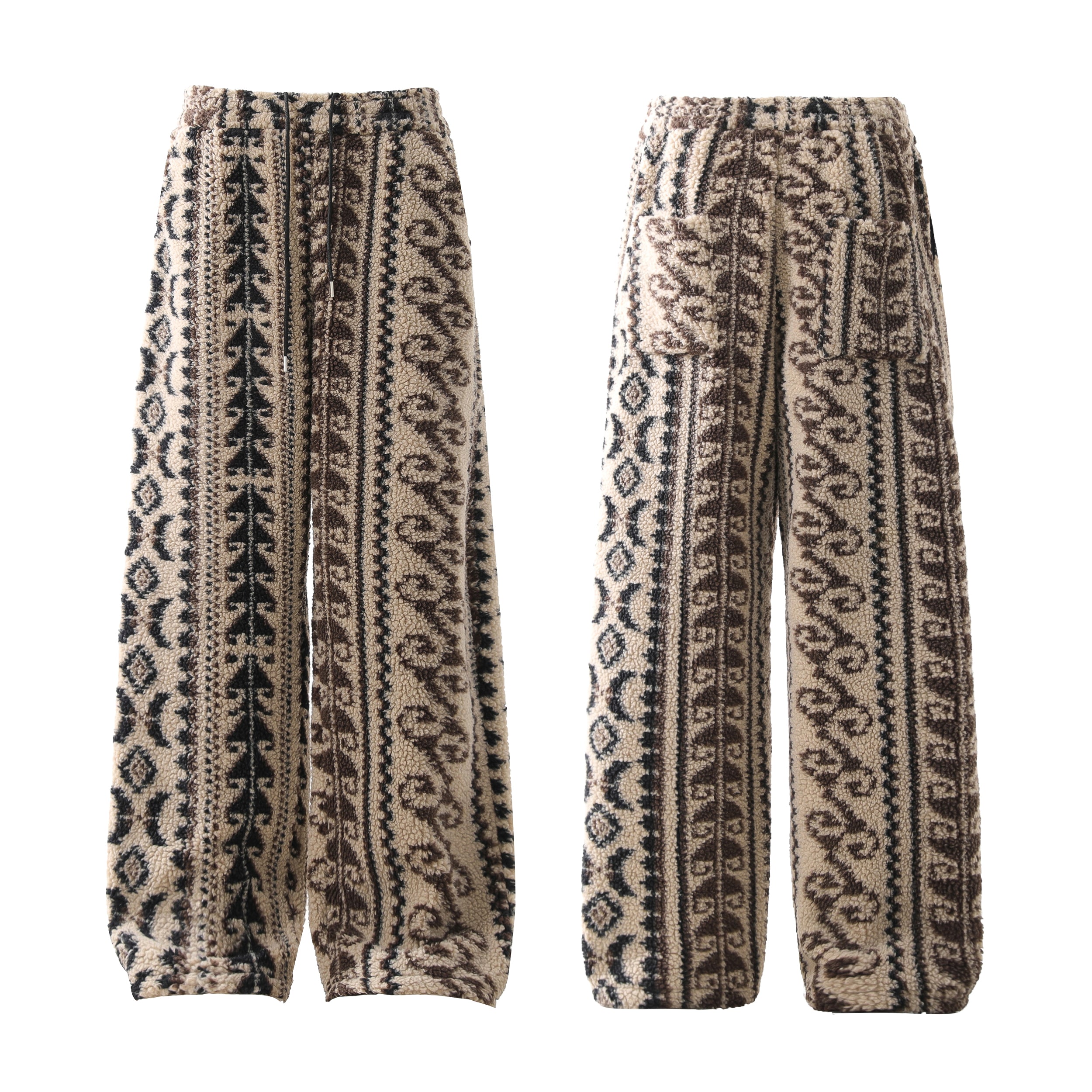 Front and back view of cream and brown tribal jacquard fleece wide-leg pants with elastic waistband