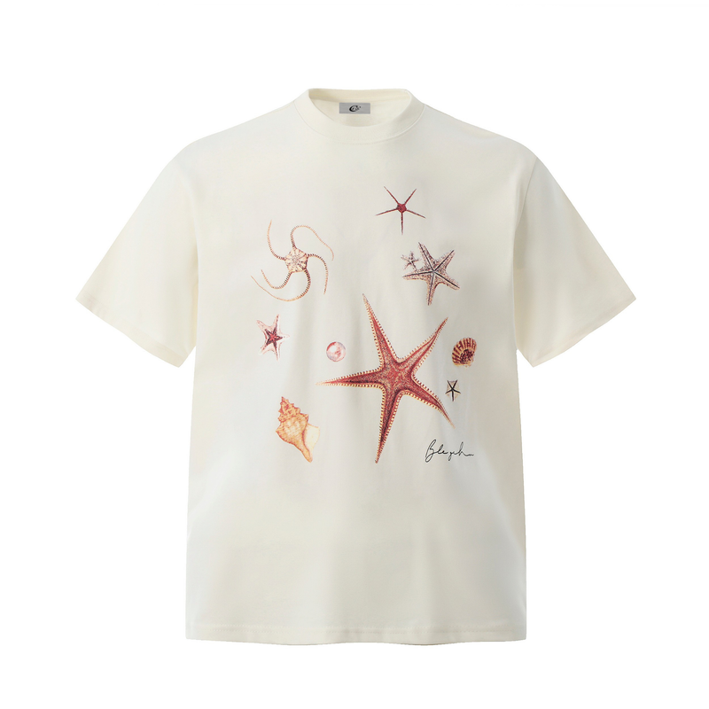 Cream oversized T-shirt with starfish and shell coastal graphic print on the front