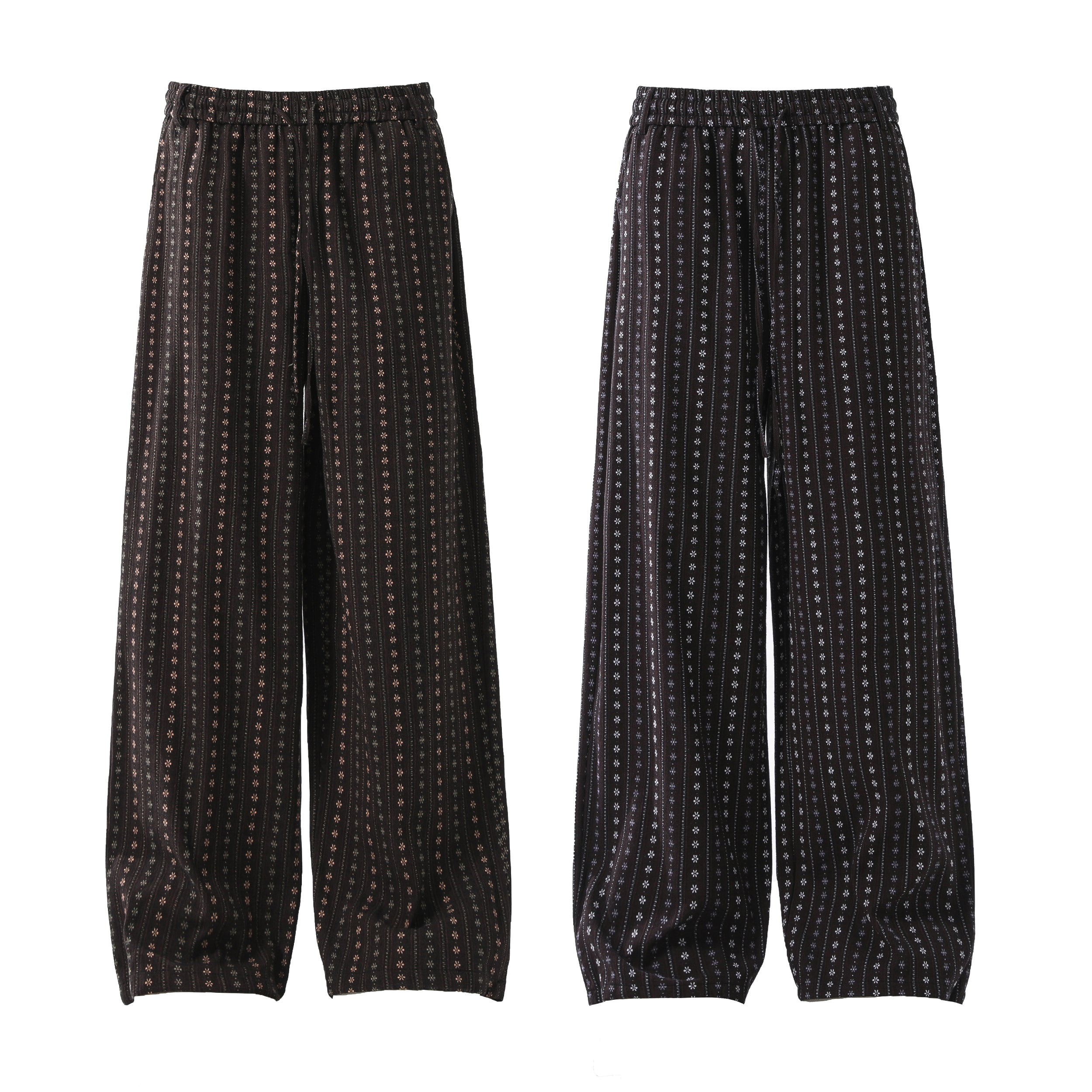 Black wide-leg cotton pants with vertical micro-floral stripe print, shown from front and back on white background