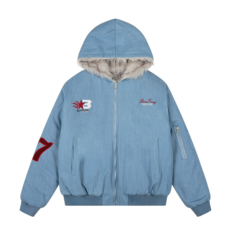 Omirad 97 Denim Varsity Hooded Jacket | Faux Fur Lined