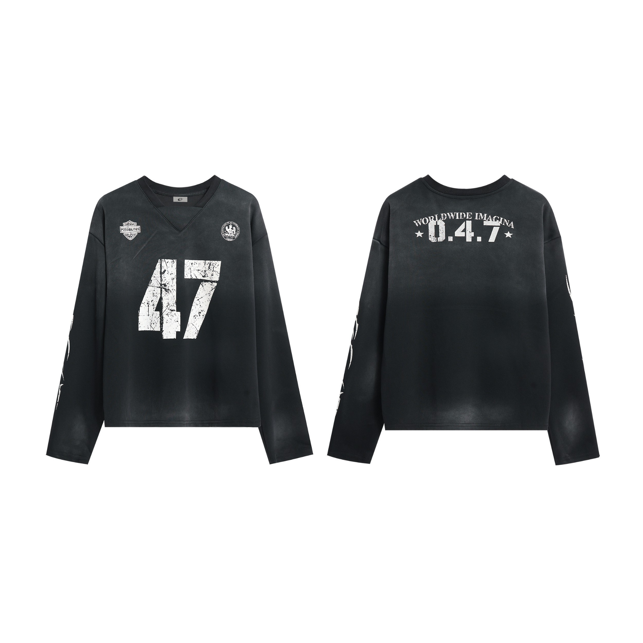 Black washed long sleeve jersey showing front and back with distressed 47 print, varsity patches, and sleeve graphics