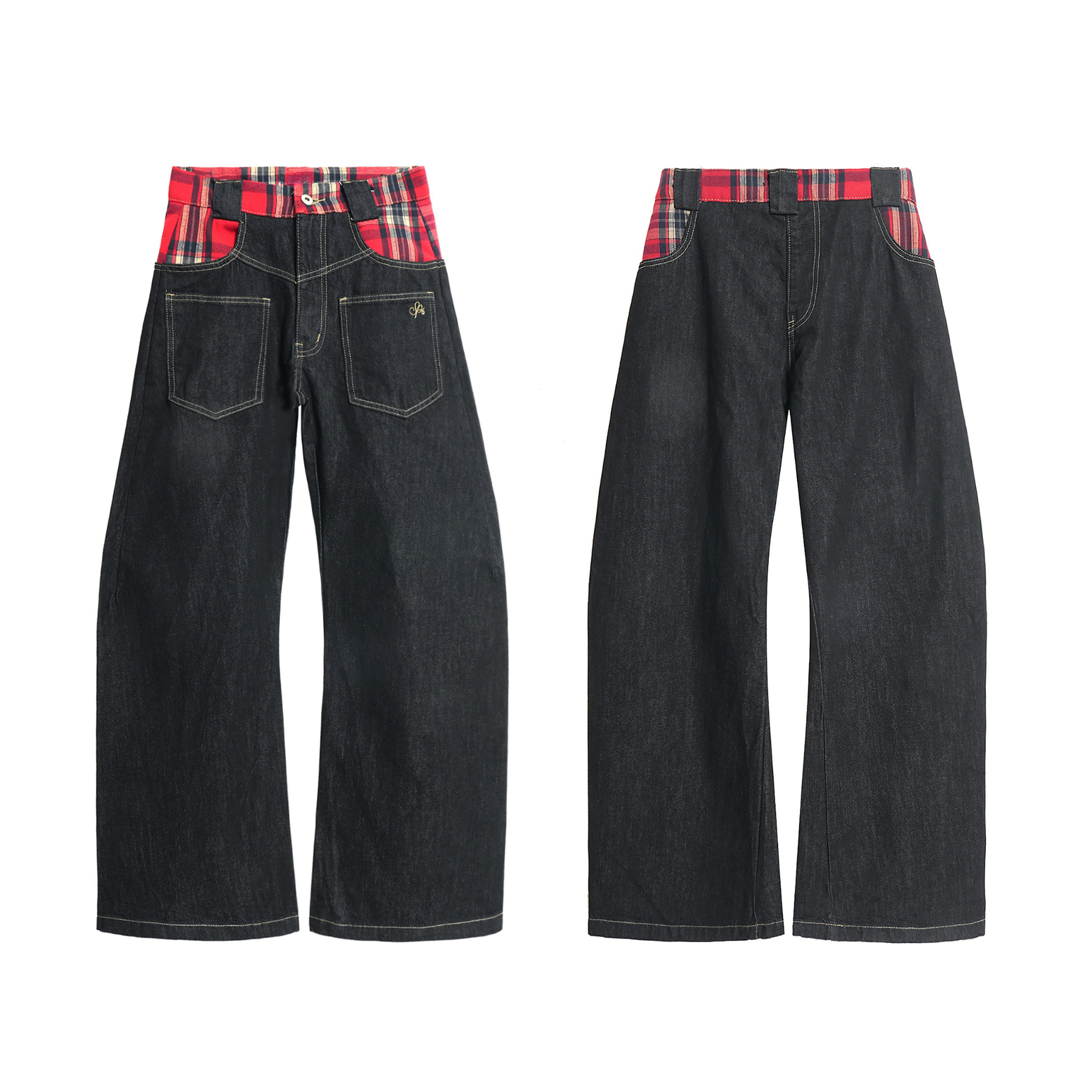 Back and front view of dark wide-leg denim pants with red tartan plaid contrast waistband and patch back pockets