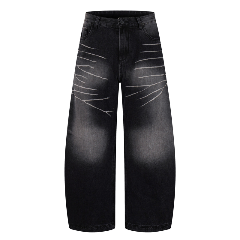 Front view of washed black wide-leg jeans with scratch-fade whiskering and five-pocket styling