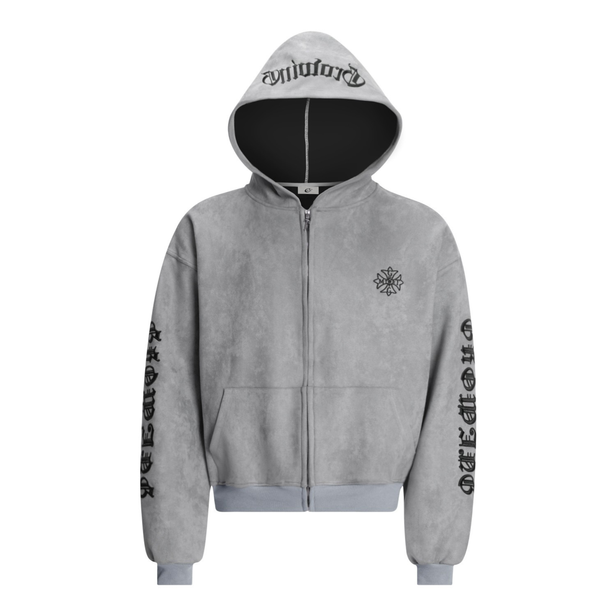 Omirad Gothic Embroidered Suede Zip Hoodie | Dark Streetwear