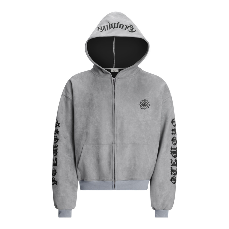 Light gray suede zip hoodie with gothic hood lettering and embroidered chest and sleeve details, front view