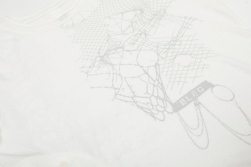 Close-up of front chest print on white long sleeve tee with abstract gray linework