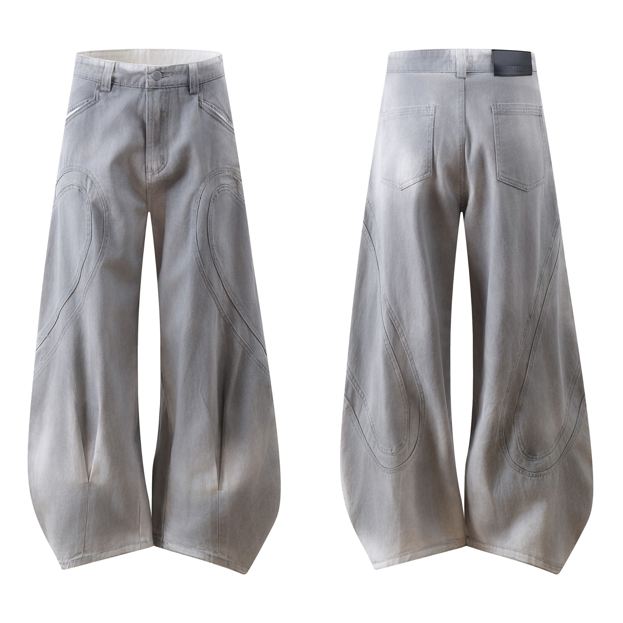 Front and back view of grey washed balloon wide-leg jeans with curved seam paneling and dramatic flared hem