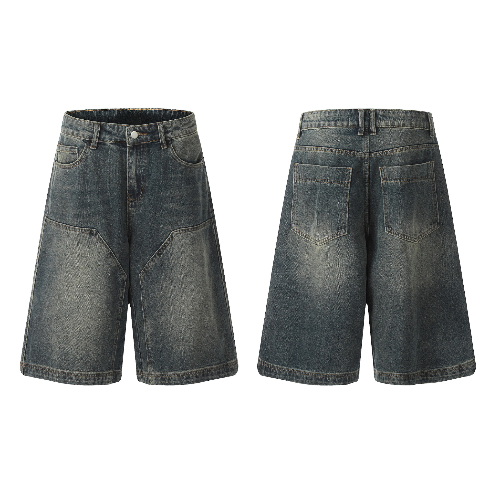 Front and back view of vintage wide-leg denim shorts with geometric panel seams and faded blue wash