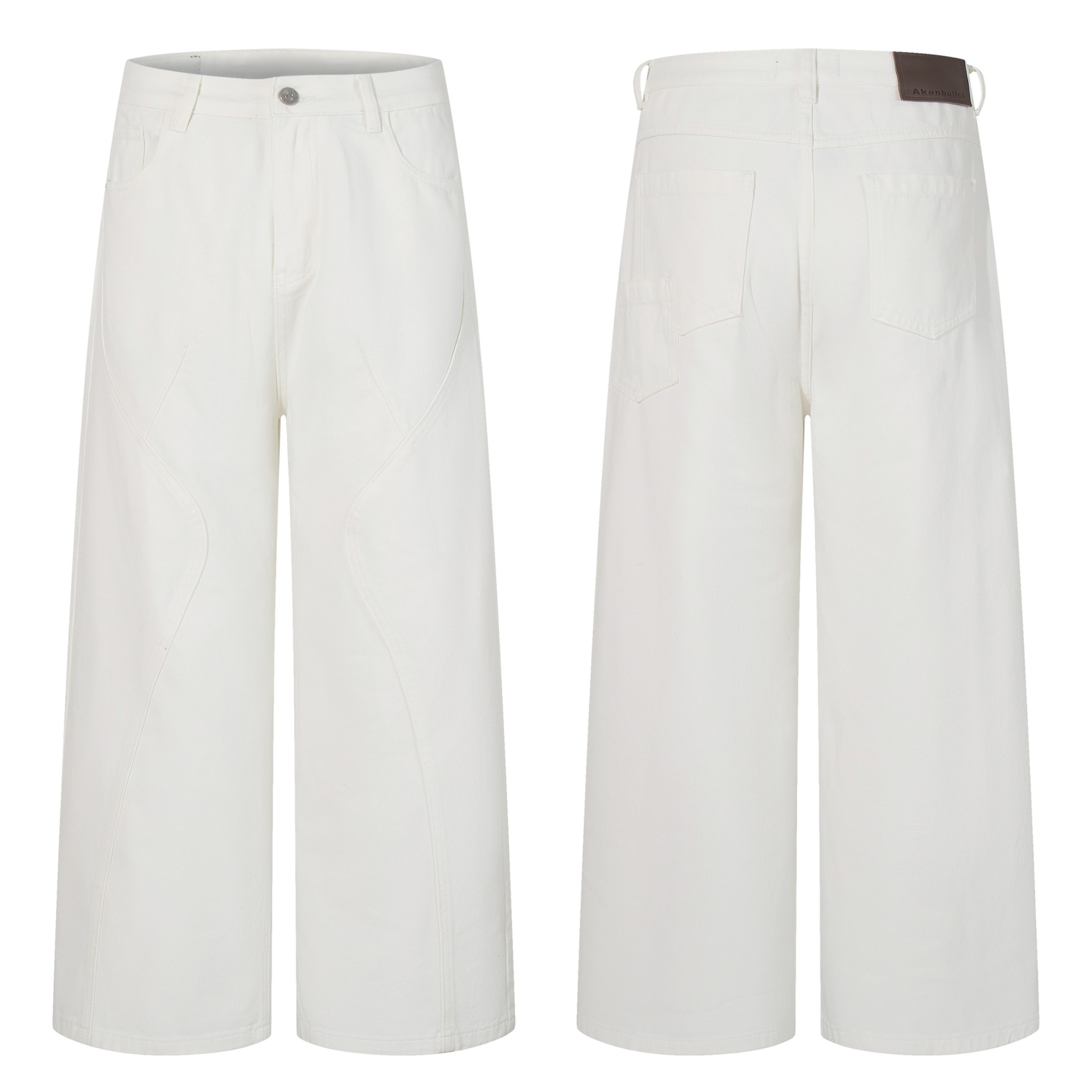 Front and back view of white wide-leg jeans with curved panel seam lines and a single button closure