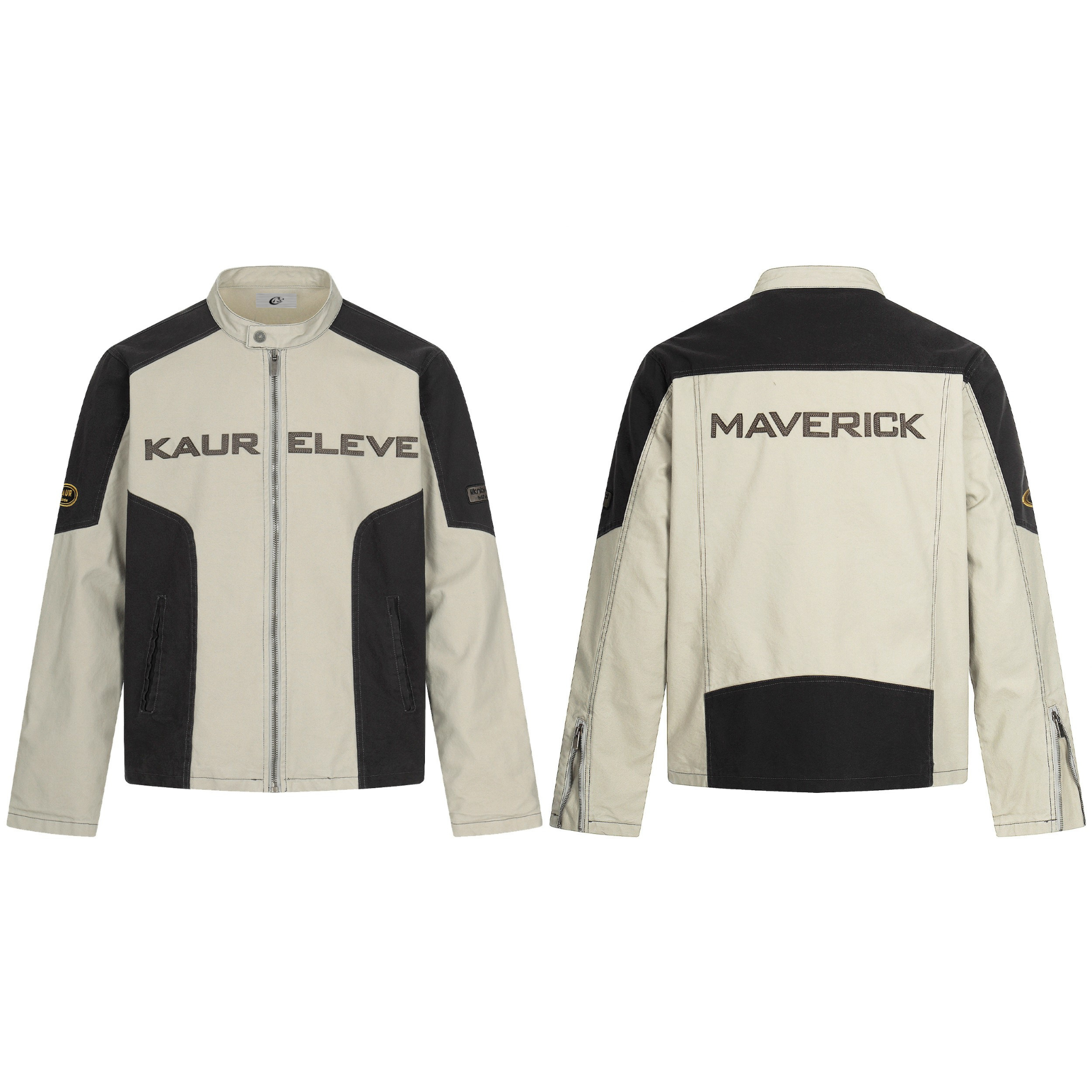 Front and back view of the Maverick Contrast Moto Jacket in cream and black with KAUR ELEVE and MAVERICK embroidered letterin