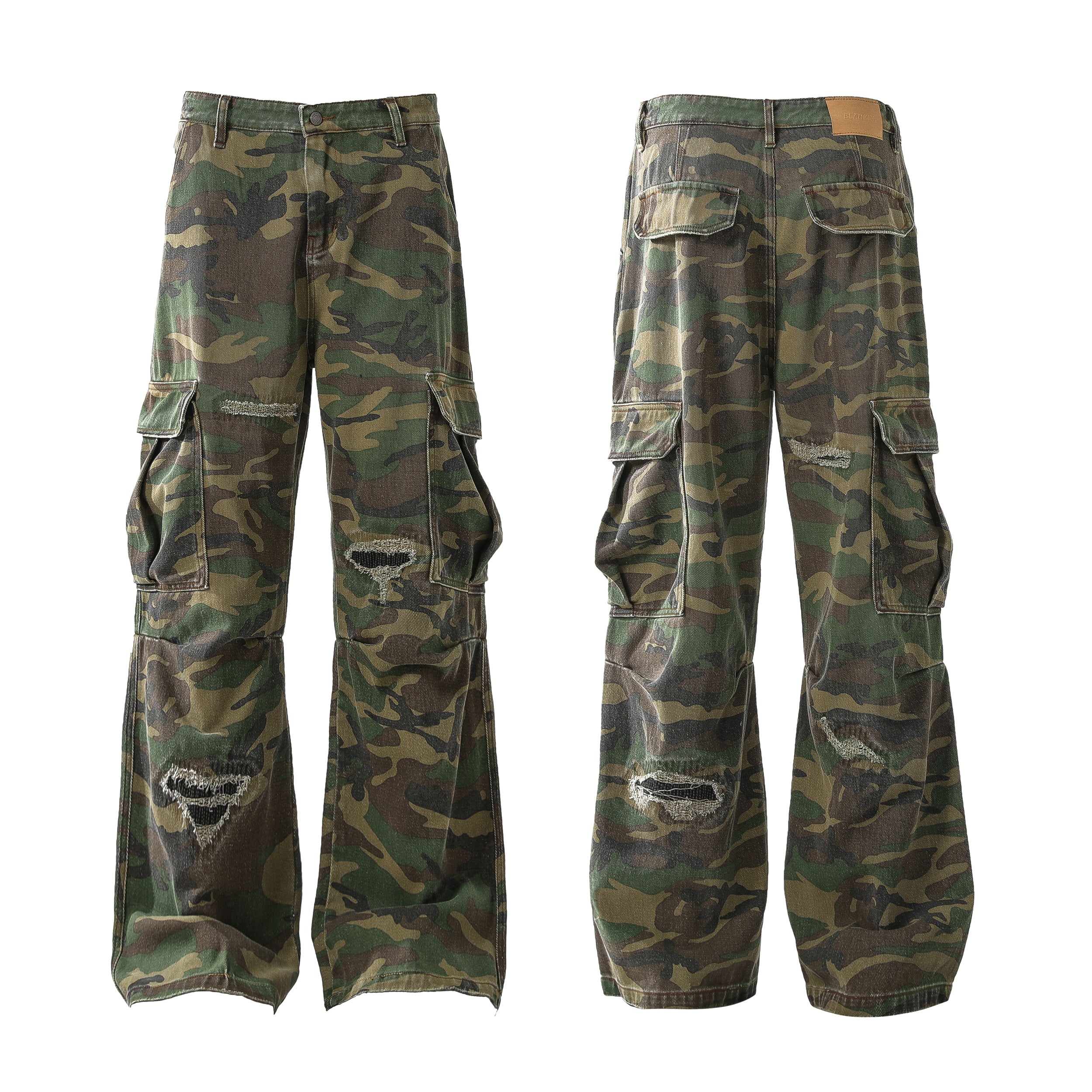 Front and back view of distressed woodland camo wide-leg cargo pants with ripped detailing and flap pockets