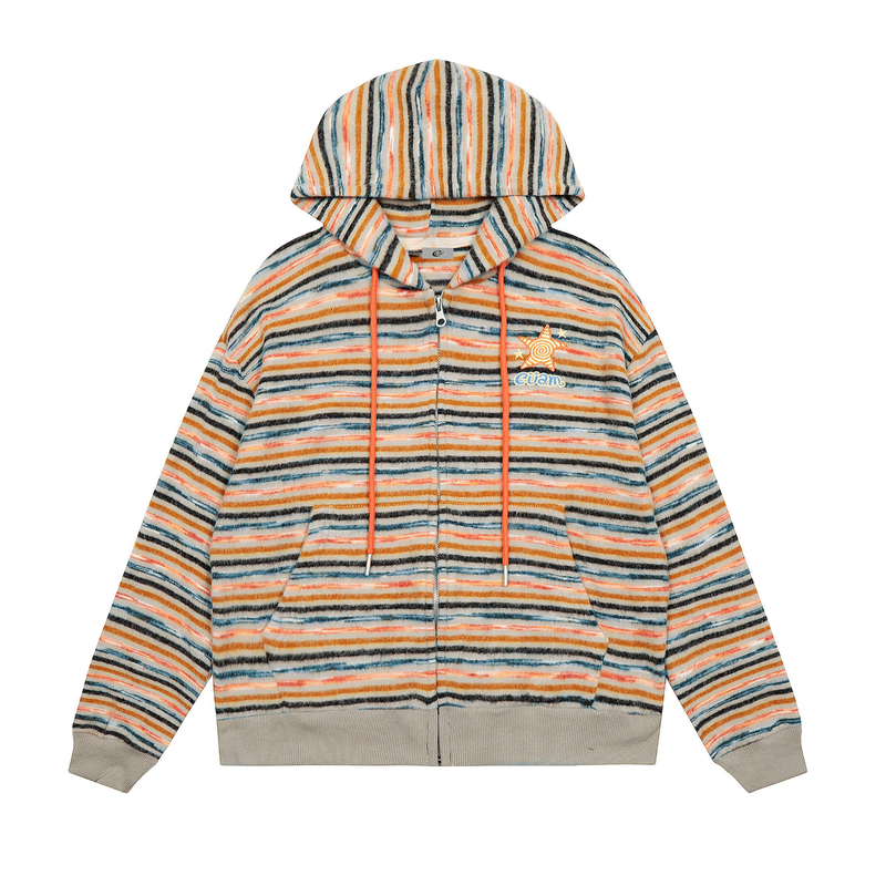 Front view of striped knit zip hoodie in orange, blue, and black with coral drawstrings