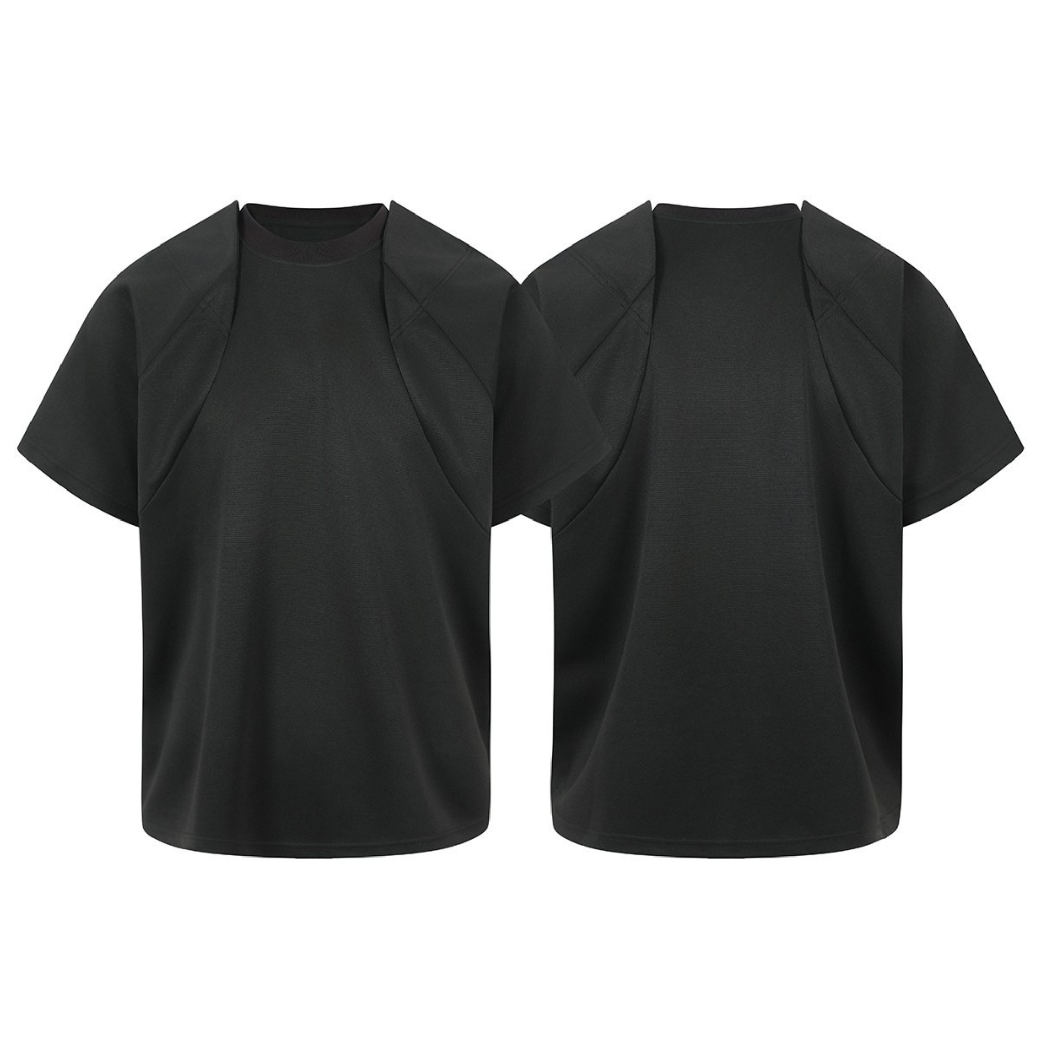 Omirad Shadow Structure oversized black t-shirt shown front and back with structured panel seams and dropped shoulders