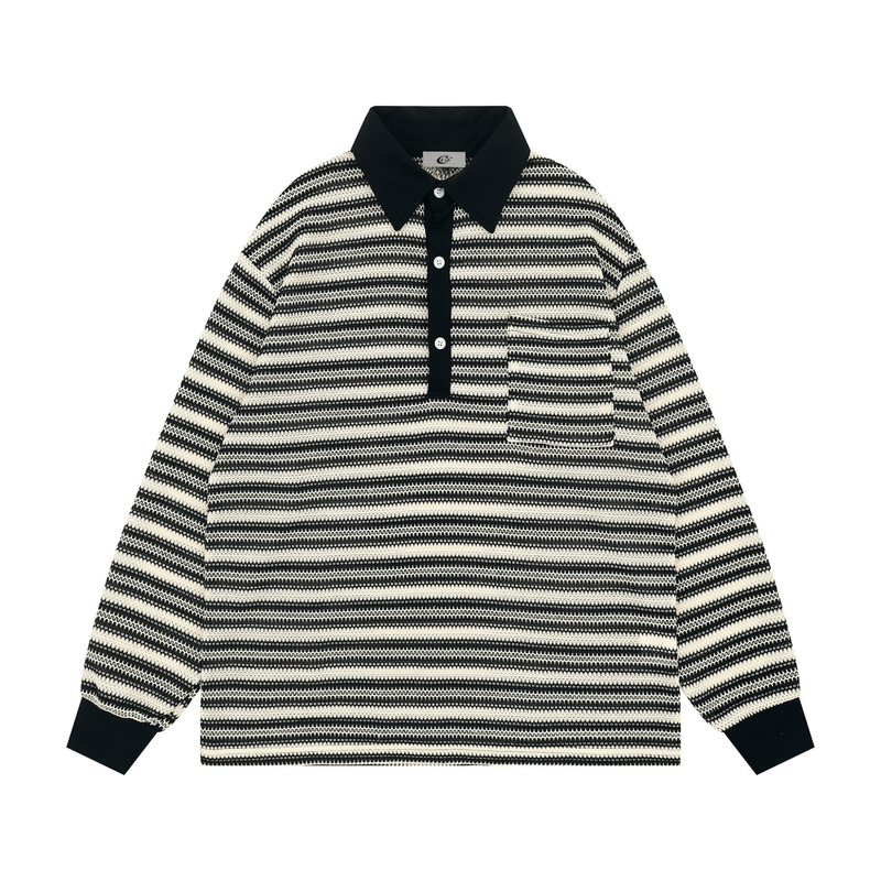 Black and cream striped knit long-sleeve polo with black collar and button placket, front view