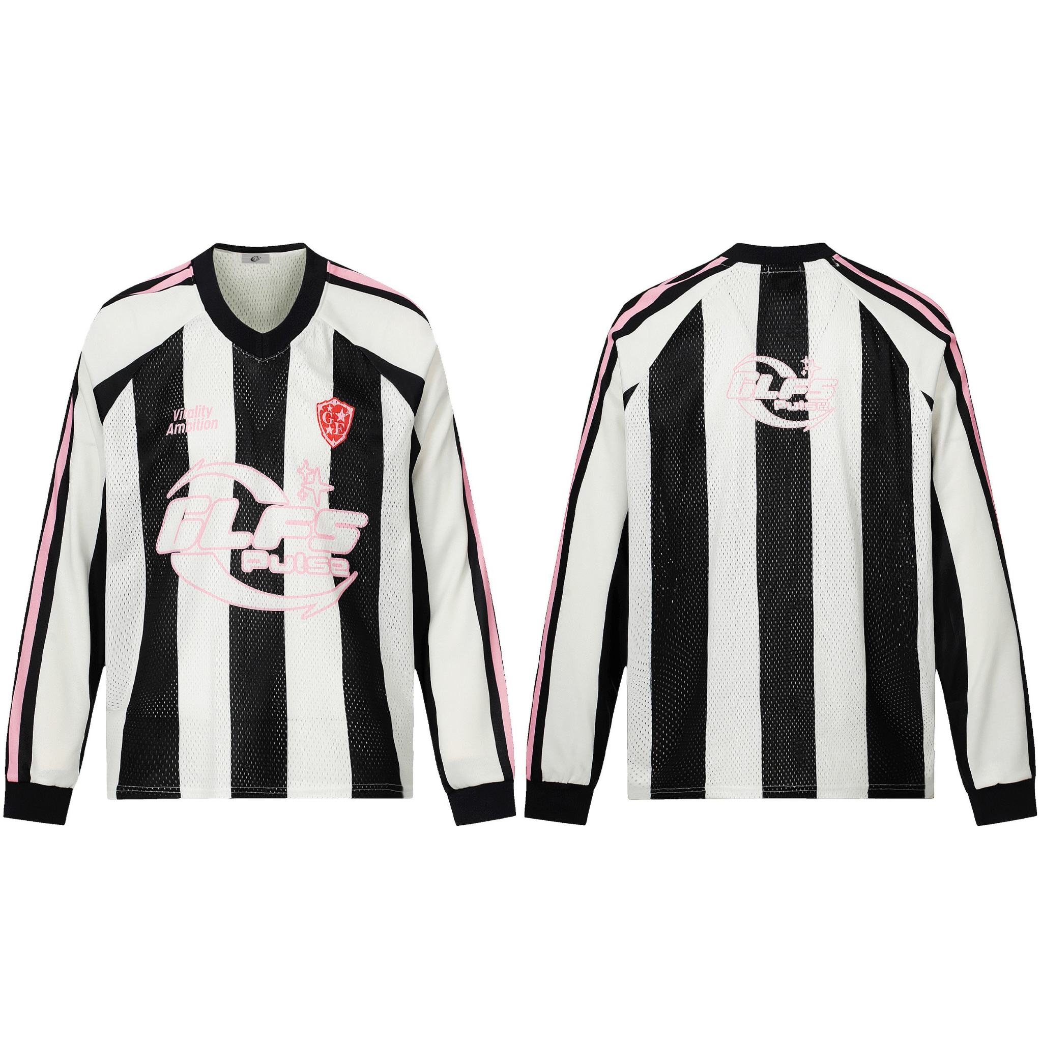 Front and back view of a black and white vertical striped long-sleeve mesh football jersey tee with pink sleeve accents