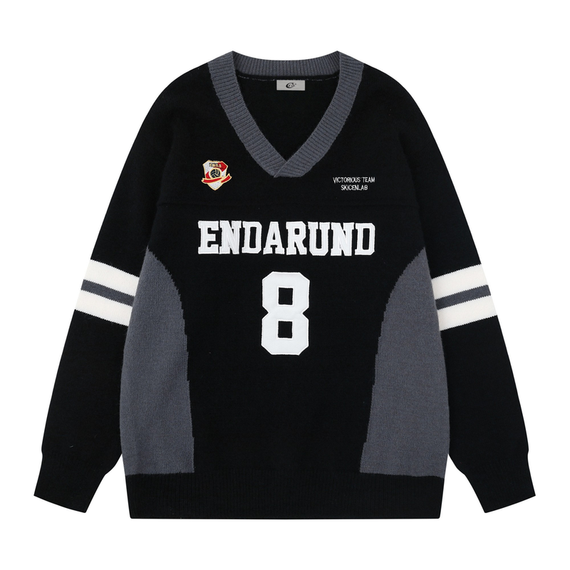 Black knit sweater with gray V-neck, gray side panels, white number 8, and striped sleeves front view
