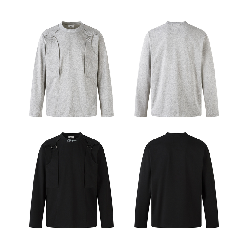 Two color views of the long sleeve tee, light gray front and back above black front and back