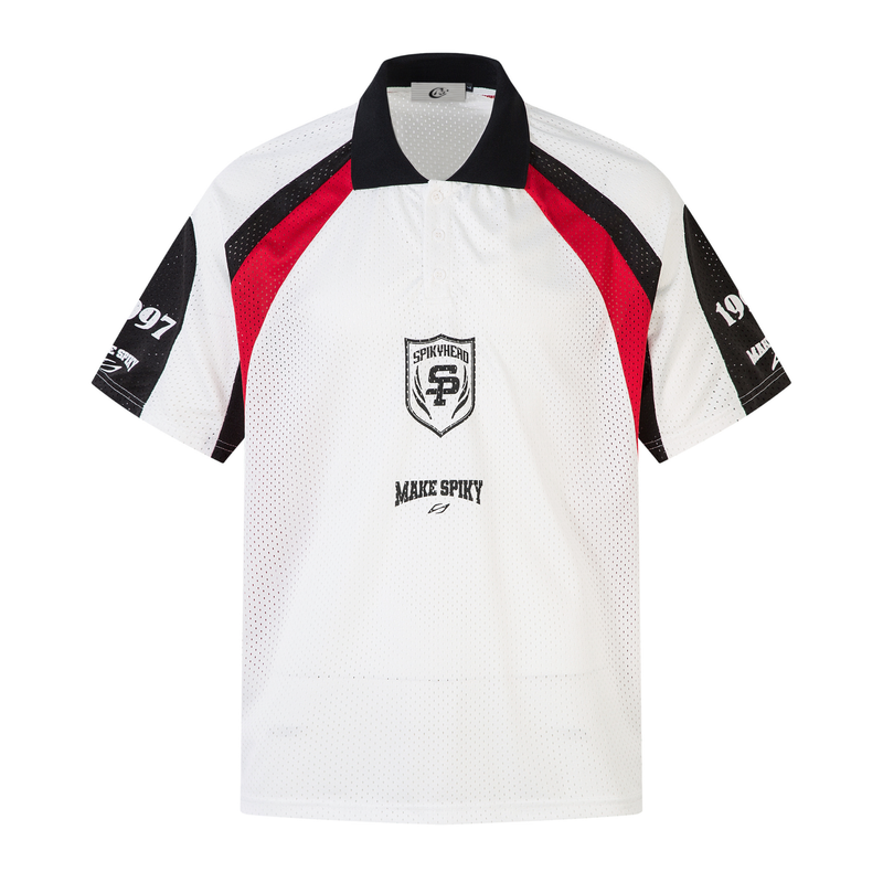White mesh polo shirt with black collar and red colorblock accents, featuring Spikyhead streetwear graphics on the chest and sleeves