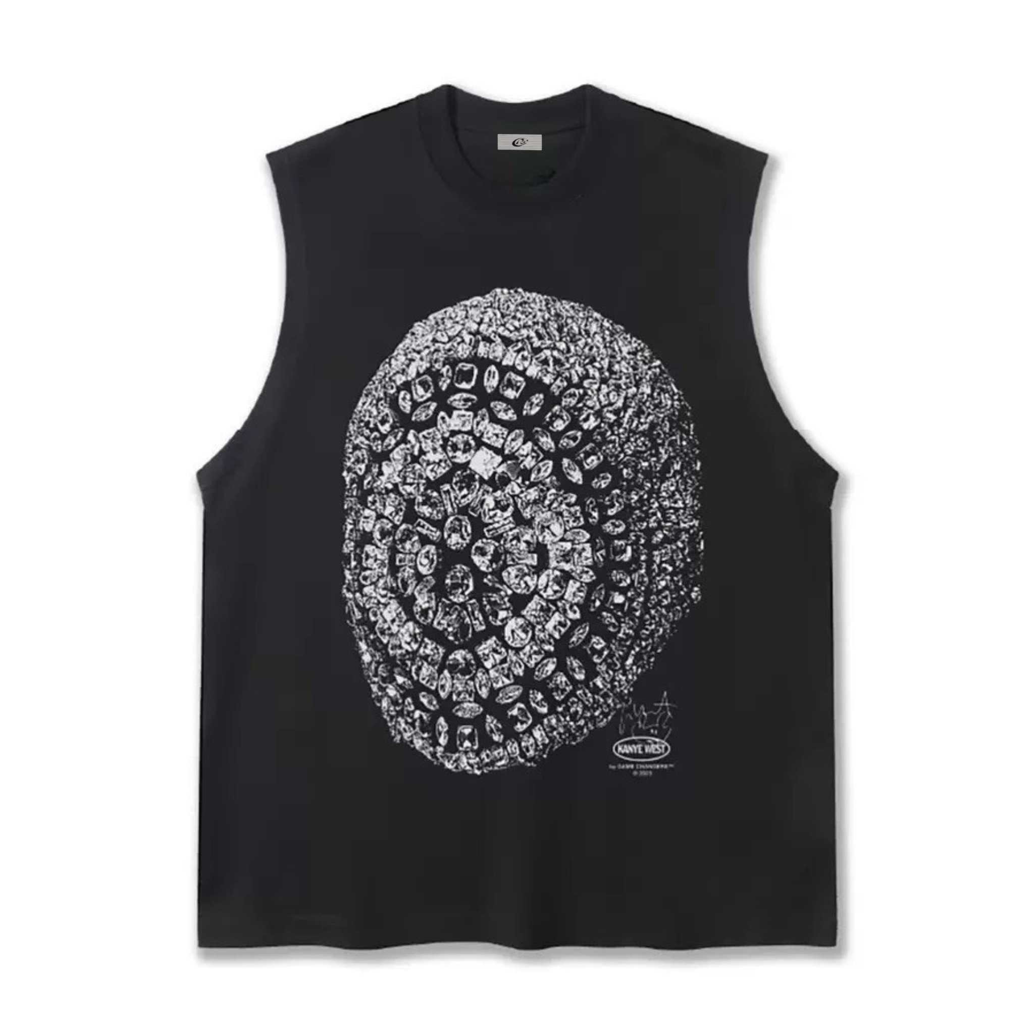 Black sleeveless muscle-fit tee with a high-contrast crystal skull graphic print on the chest