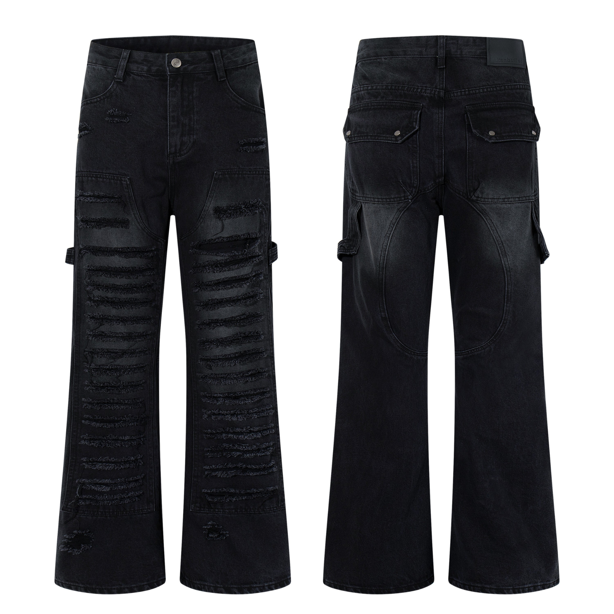 Front and back view of black wide-leg ripped jeans with ribbed distressing, utility side straps, and cargo flap back pockets