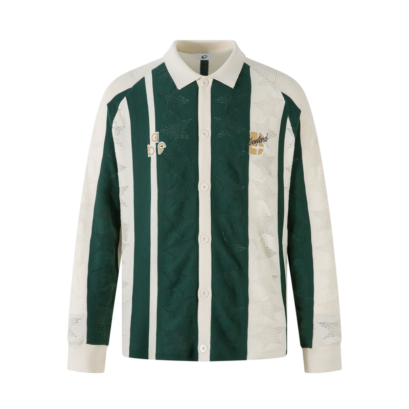 Front view of a green and cream striped knit polo shirt with button placket and star pattern