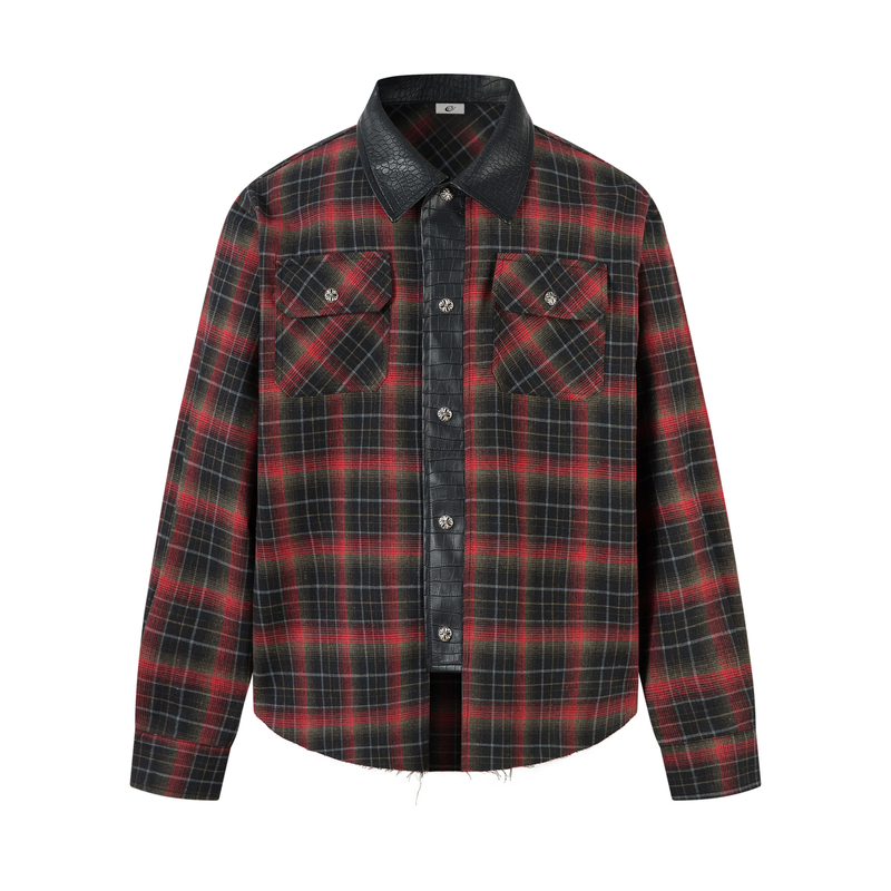 Front view of a red and black plaid flannel shirt jacket with faux-leather collar and placket