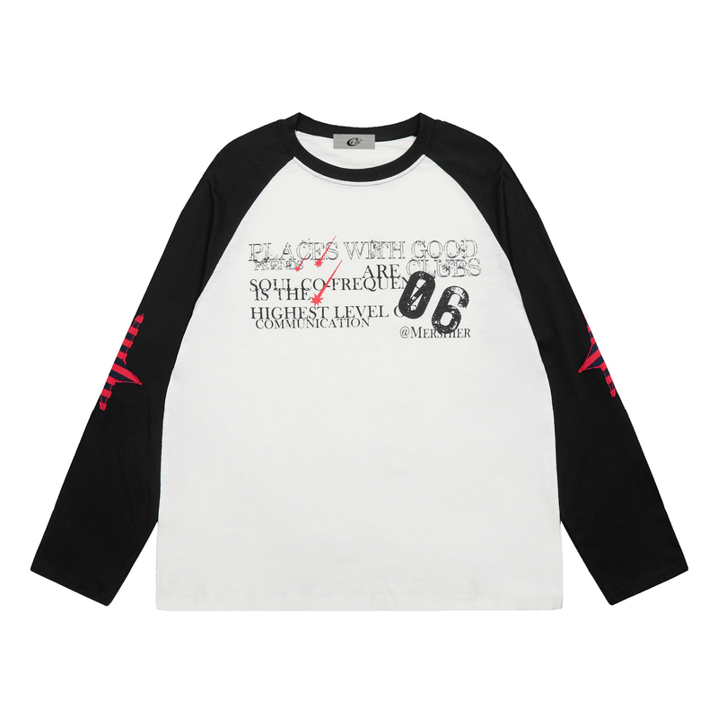 White raglan long-sleeve tee with black sleeves and front graphic text