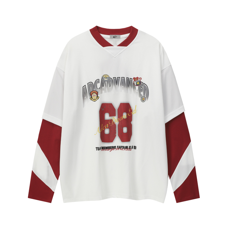 White oversized mesh hockey jersey with red collar, sleeves, and front graphic with number 68