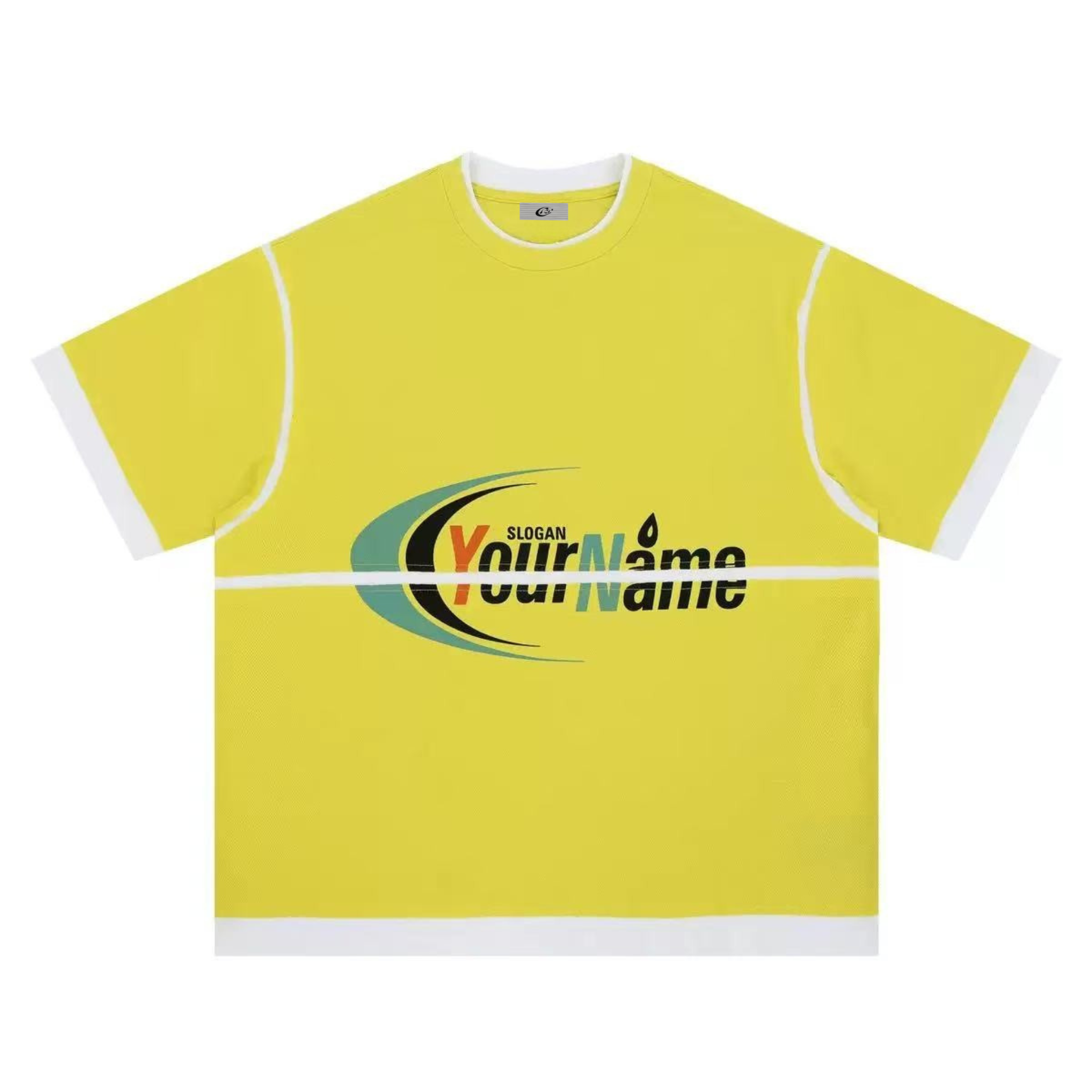 Oversized yellow graphic t-shirt with white contrast trim, mesh panel stripe, and retro sport logo print on chest
