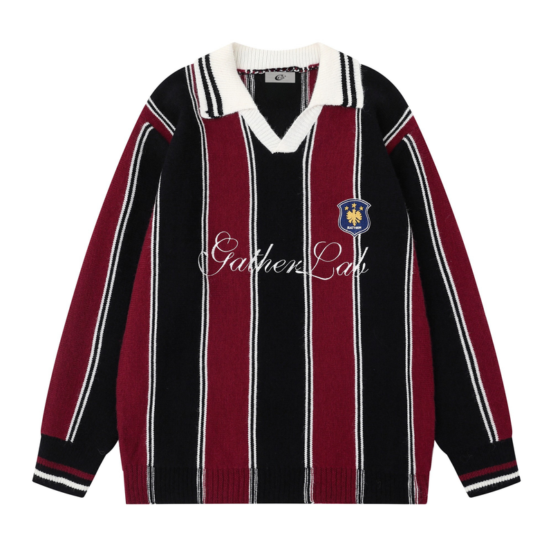 Front view of black and burgundy striped knit sweater with white collar and script graphic